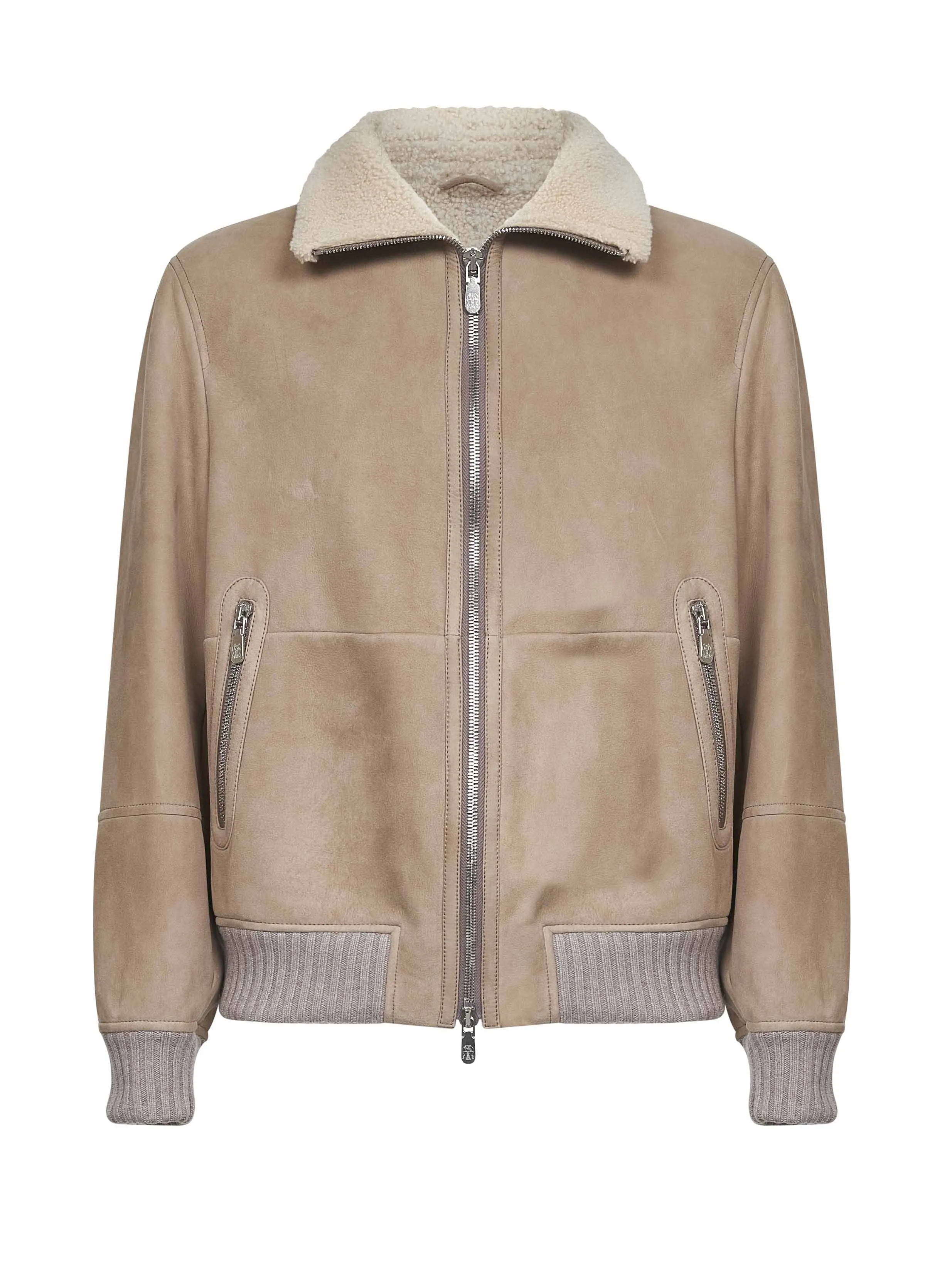 Beige Suede Curly Shearling Bomber Jacket sold by Lord & Taylor