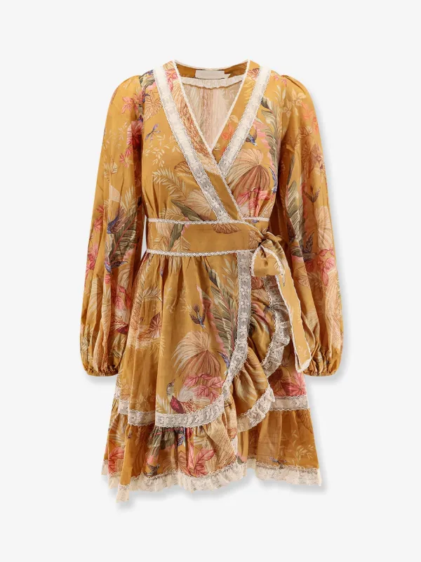 Frill Cotton Short Dress with Floral Print made by Zimmermann