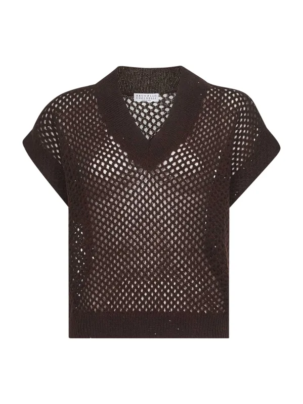 Brown Dazzling Mesh V-Neck Sweater sold by Lord & Taylor
