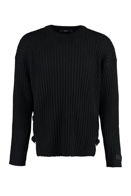 Crew-Neck Wool Sweater with Leather Trim sold by Lord & Taylor