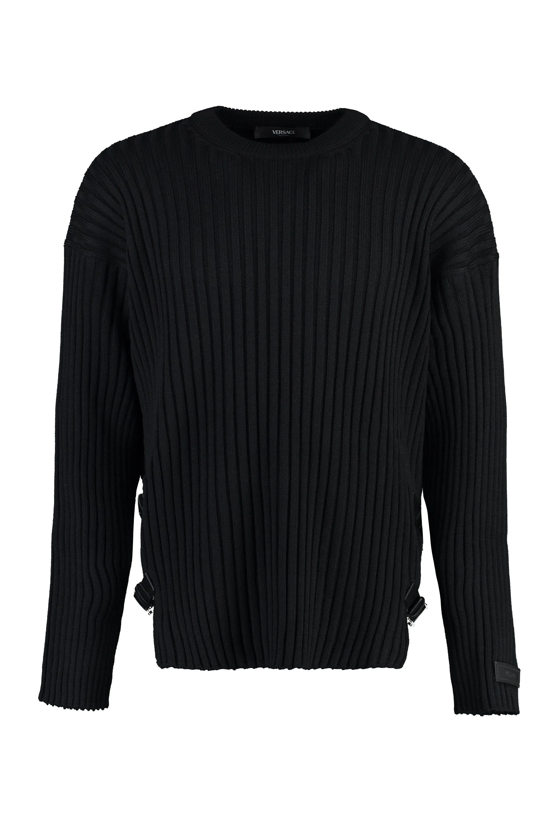 Crew-Neck Wool Sweater with Leather Trim sold by Lord & Taylor