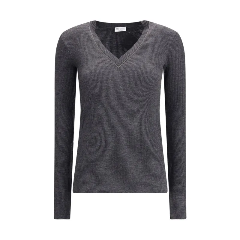 Long sleeve wool ribbed jersey T-shirt with shiny trim sold by Lord & Taylor
