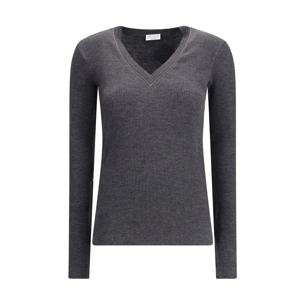 Long sleeve wool ribbed jersey T-shirt with shiny trim sold by Lord & Taylor