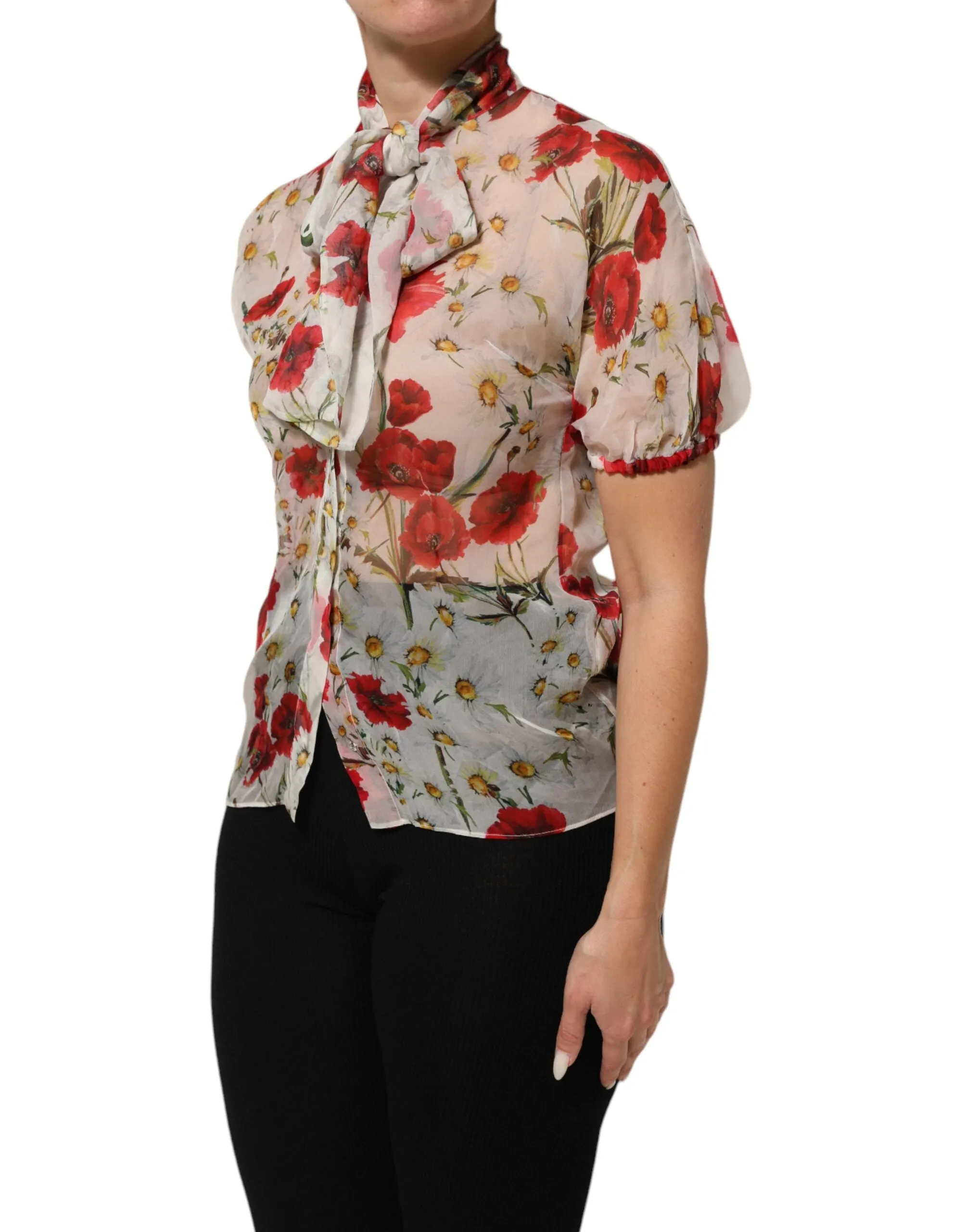 White Floral Tie-Neck Poppy Print Blouse Top sold by Lord & Taylor product image thumbnail 3