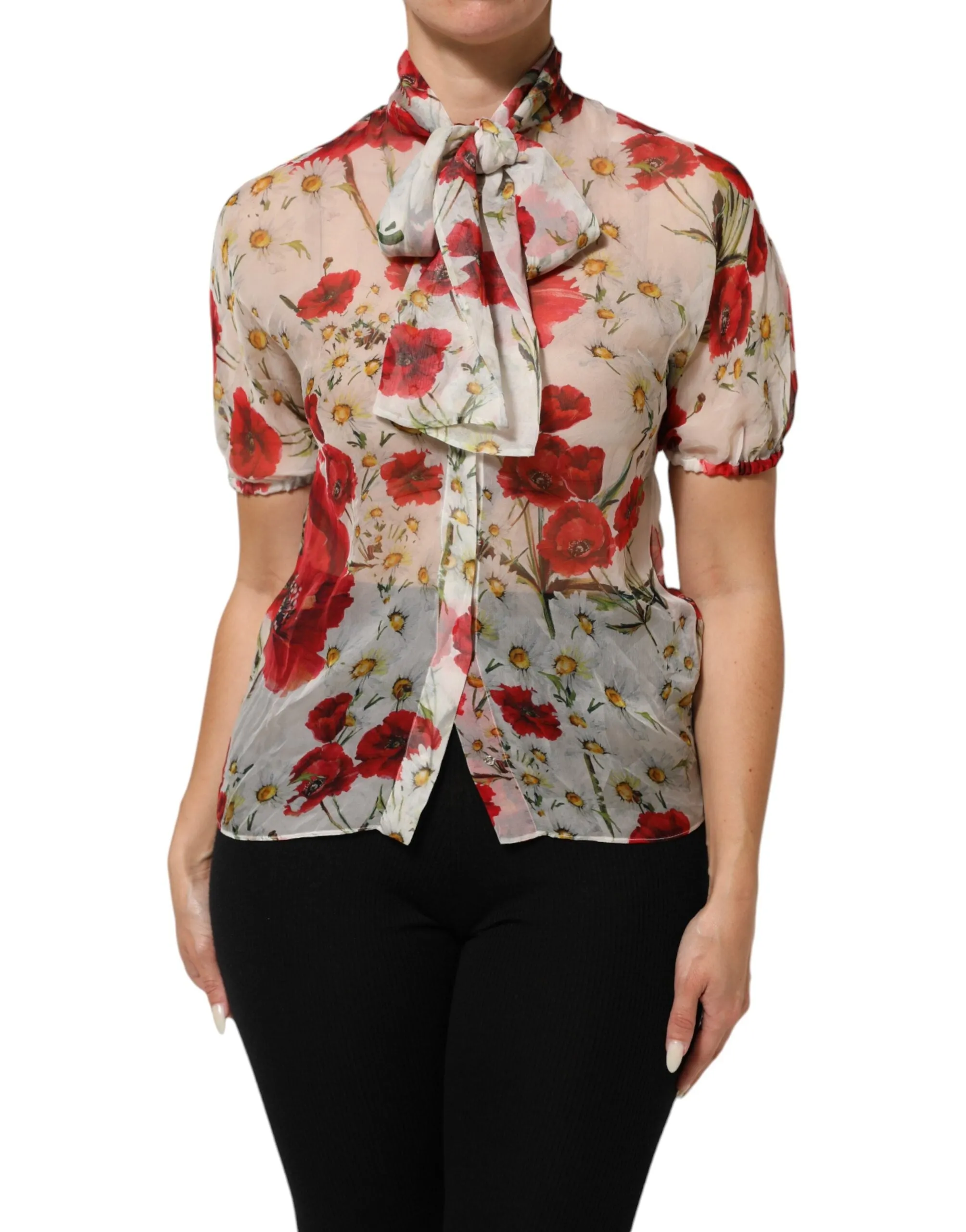 White Floral Tie-Neck Poppy Print Blouse Top sold by Lord & Taylor product image thumbnail 2