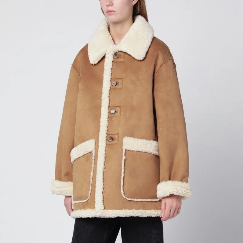 BEIGE FAUXLEATHER SHEARLINGEFFECT COAT sold by Lord & Taylor
