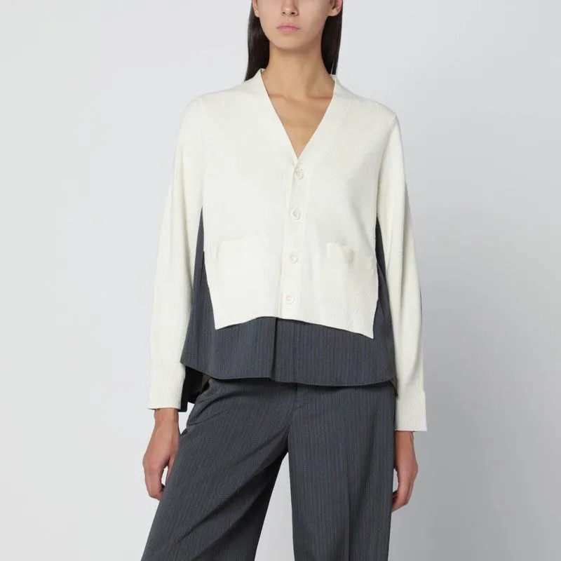 WHITE CARDIGAN WITH GREY PINSTRIPE SHIRT INSERT sold by Lord & Taylor