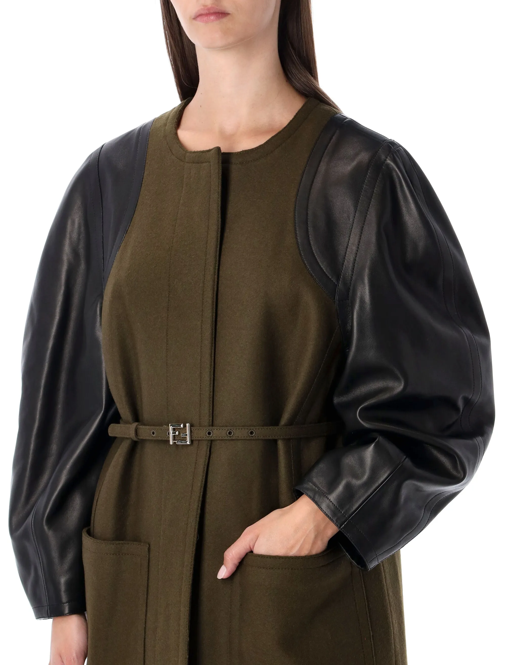FENDI GREEN WOOL MIDI COAT WITH LEATHER SLEEVES sold by Lord & Taylor product image thumbnail 3