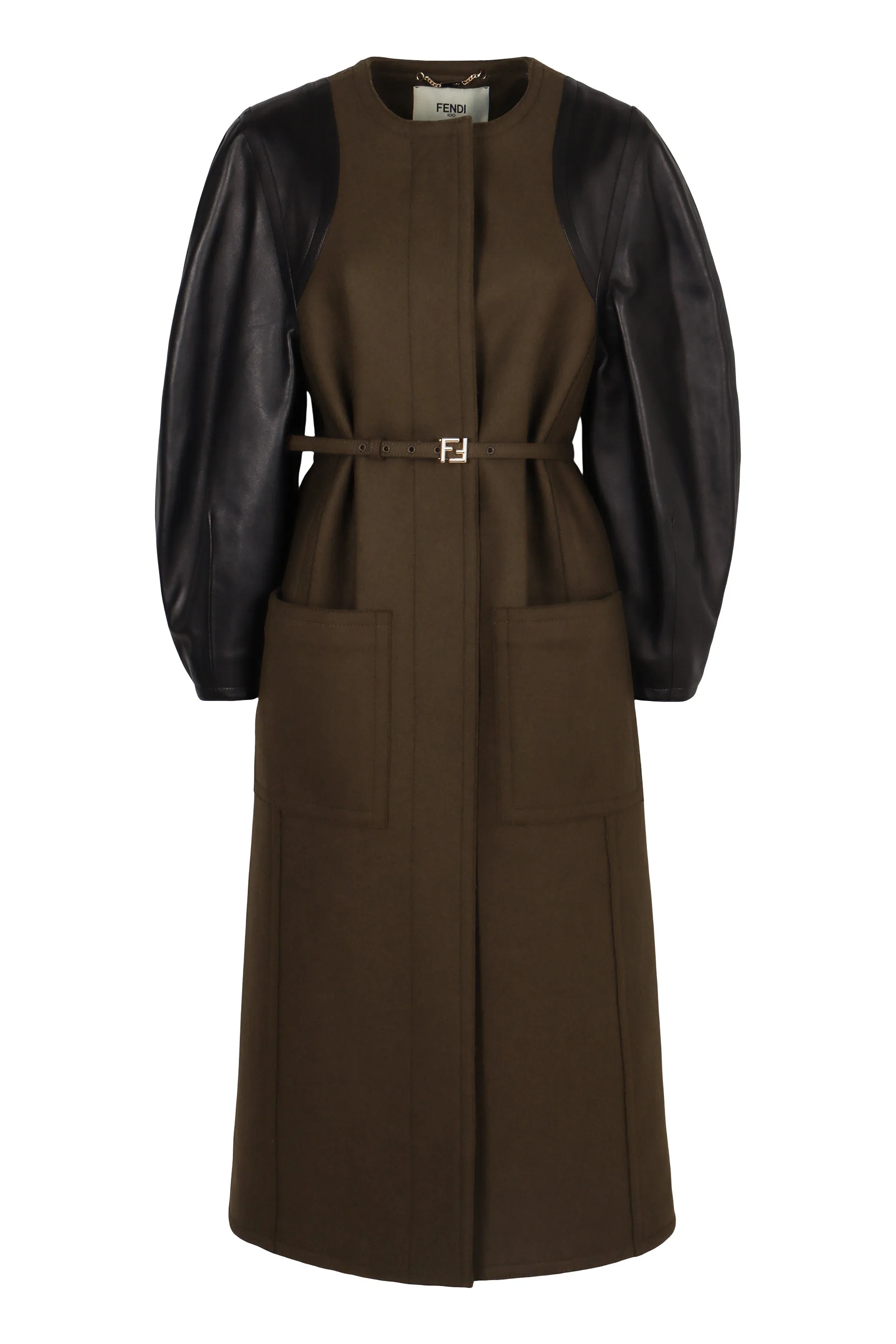 FENDI GREEN WOOL MIDI COAT WITH LEATHER SLEEVES sold by Lord & Taylor