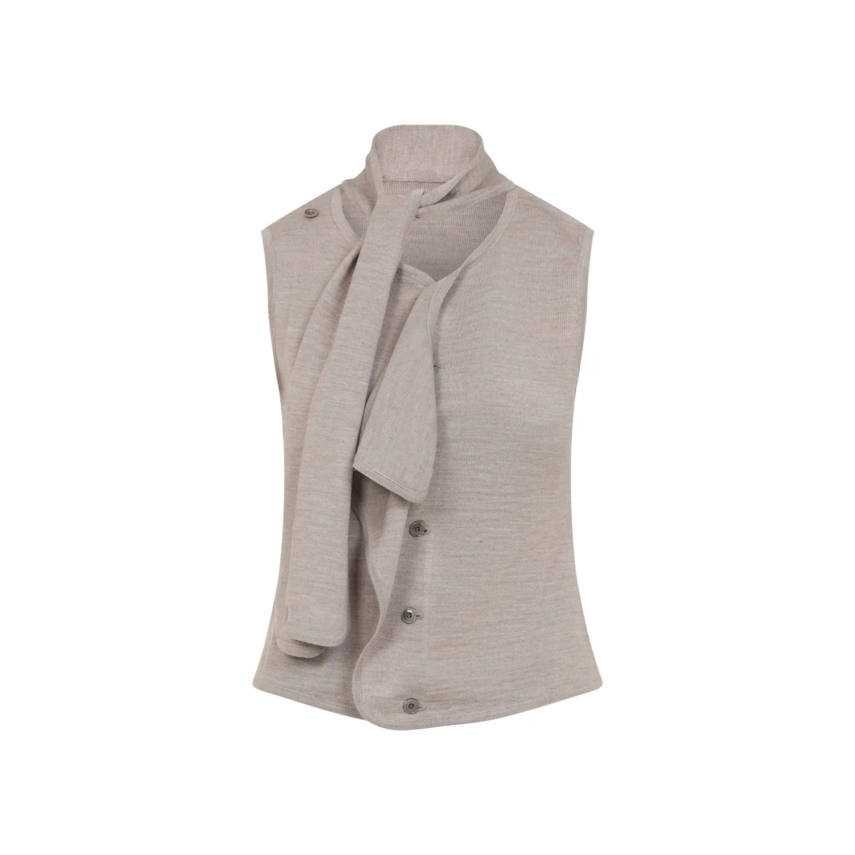 ANTHRACITE LIGHT TAUPE WOOL ASYMMETRICAL SLEEVELESS CARDIGAN sold by Lord & Taylor