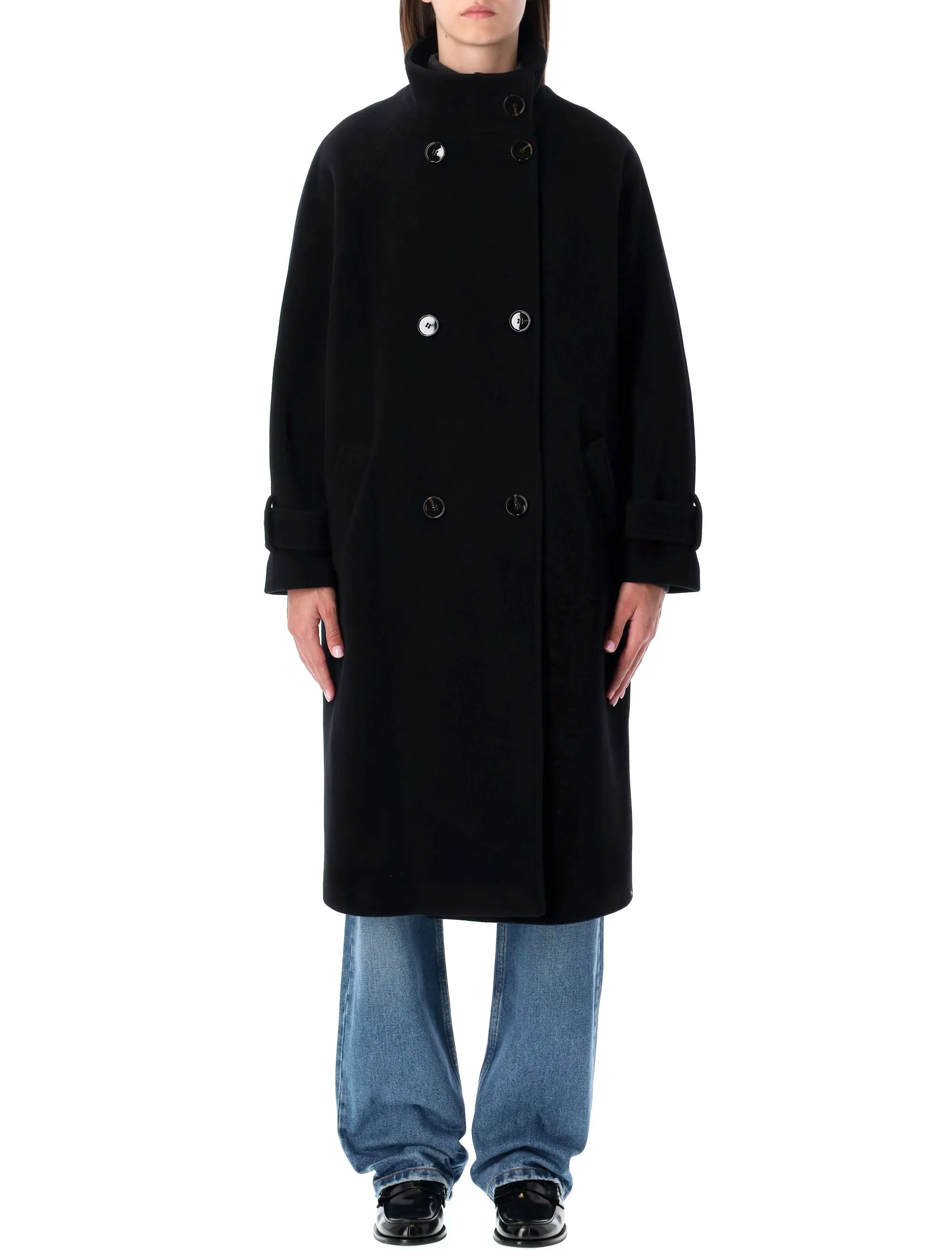 BLACK WOOL DOUBLE-BREASTED COAT WITH HIGH COLLAR sold by Lord & Taylor