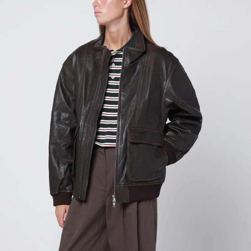 DARK BROWN LEATHER ZIP-UP BOMBER JACKET sold by Lord & Taylor