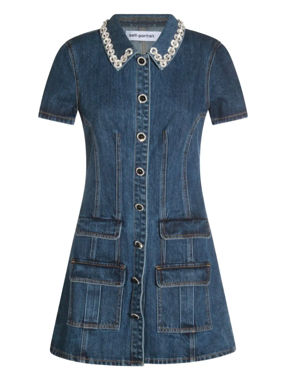 DENIM CRYSTAL TRIM COLLARED MINI DRESS sold by Lord & Taylor