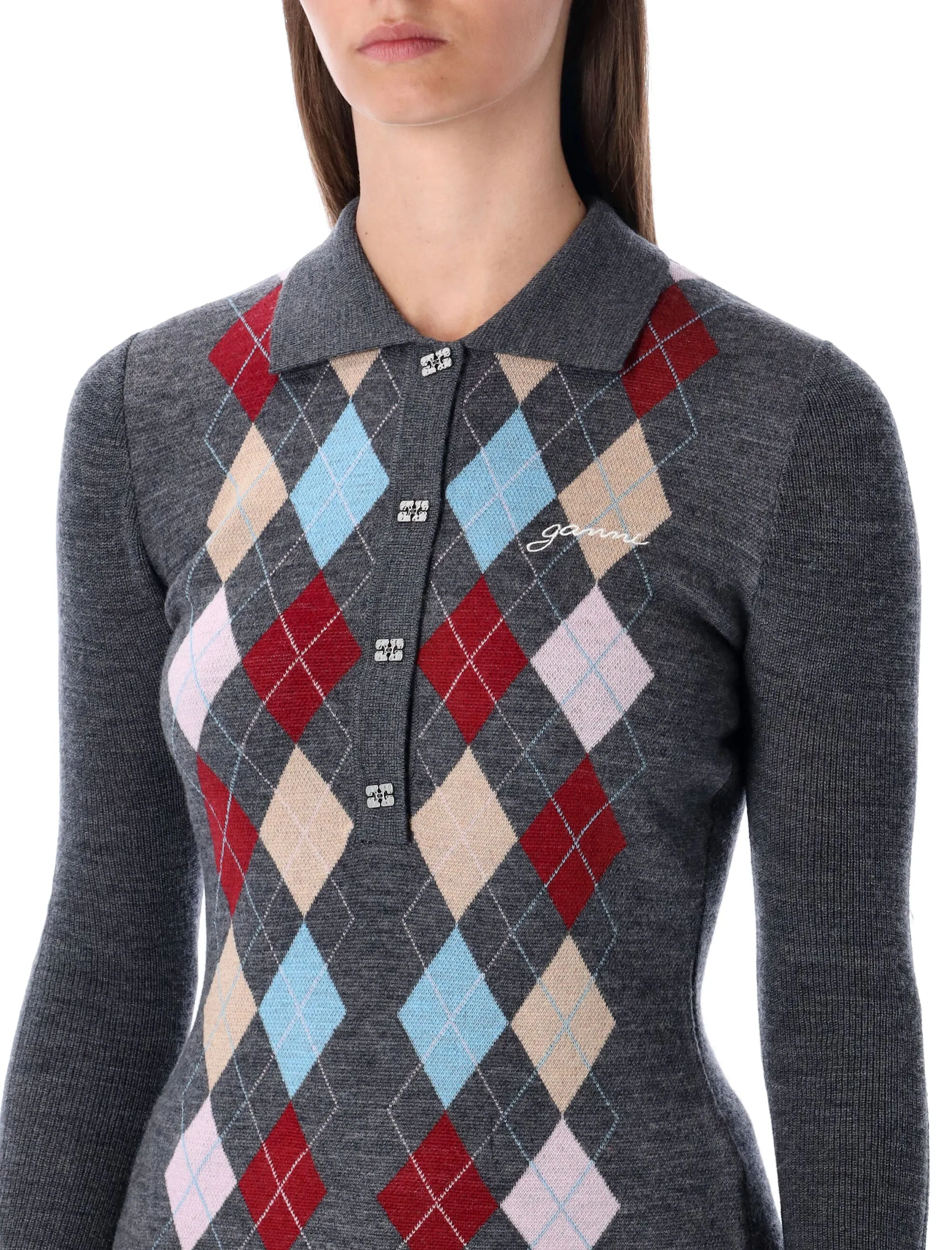 GANNI GREY KNITTED POLO WOOL WITH ARGYLE PATTERN sold by Lord & Taylor product image thumbnail 3