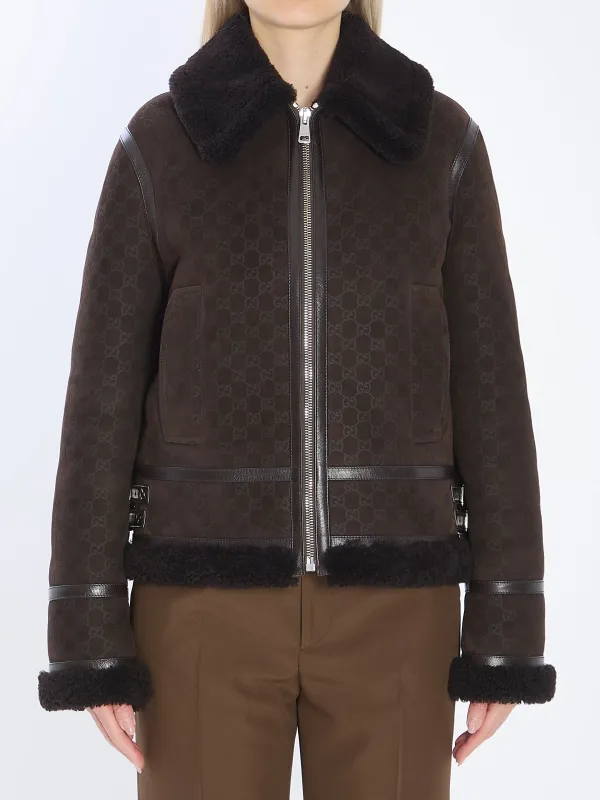 LEATHER JACKET IN PRINTED SUEDE AND SHEARLING sold by Lord & Taylor