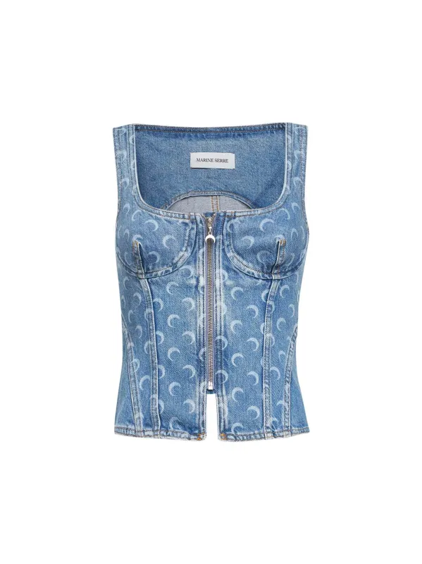 Light Blue Denim Moon Laser Bustier Top made by Marine Serre