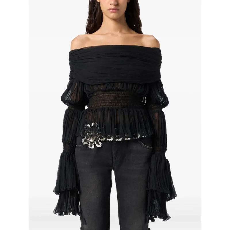 Black Off-Shoulder Pleated Top sold by Lord & Taylor