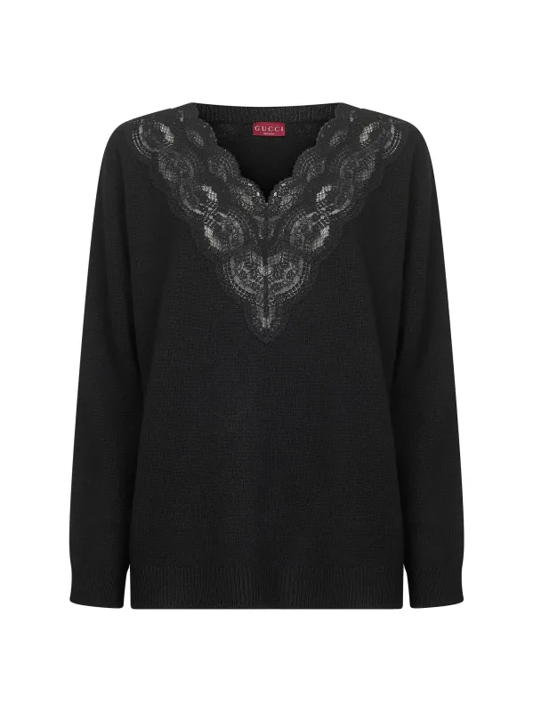 Black Wool & Cashmere Knit Sweater with Lace sold by Lord & Taylor