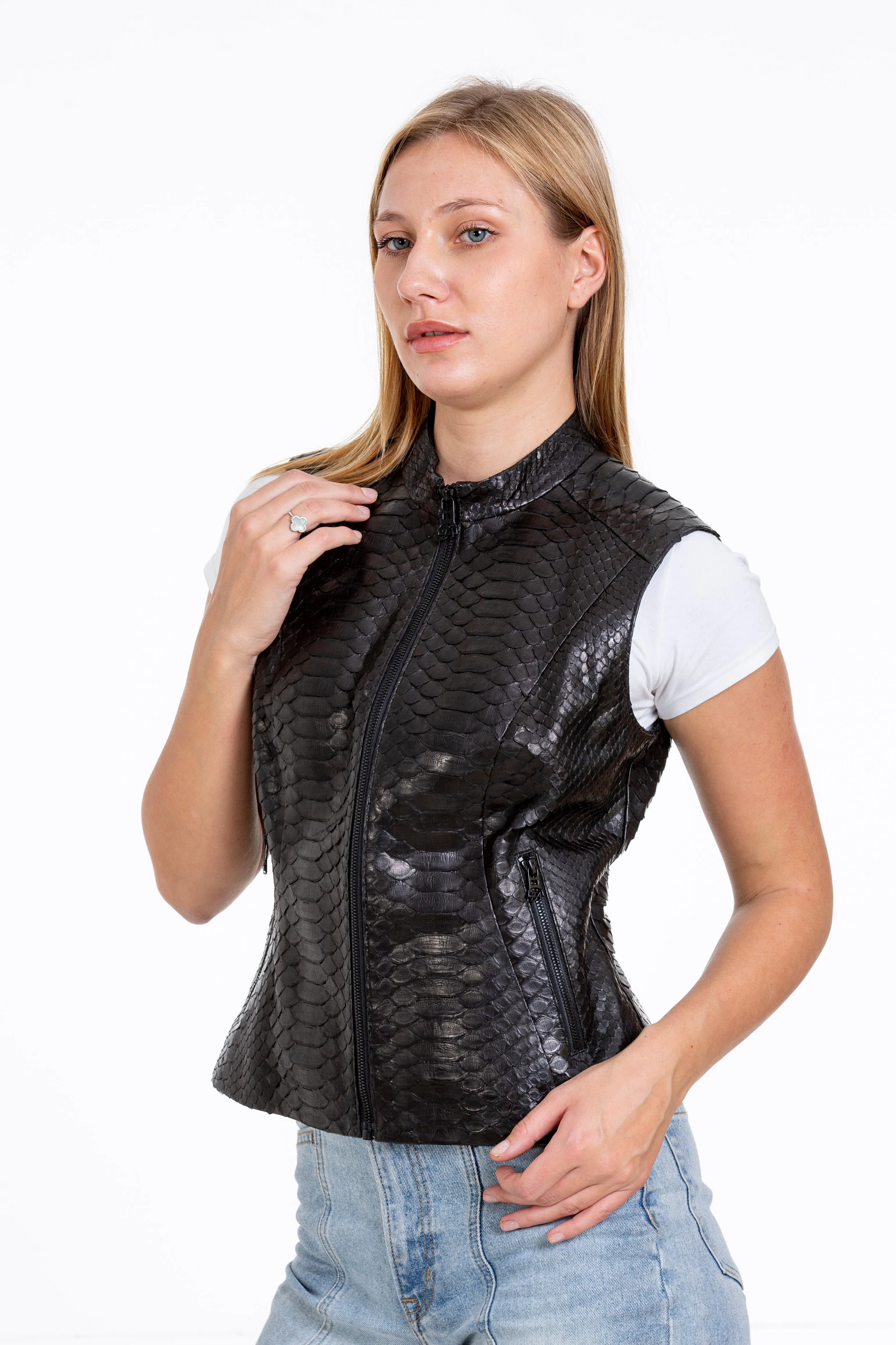 The Strasbourg Pythn Skin Leather Black Zip-Up Vest Women Jacket sold by Lord & Taylor product image thumbnail 3
