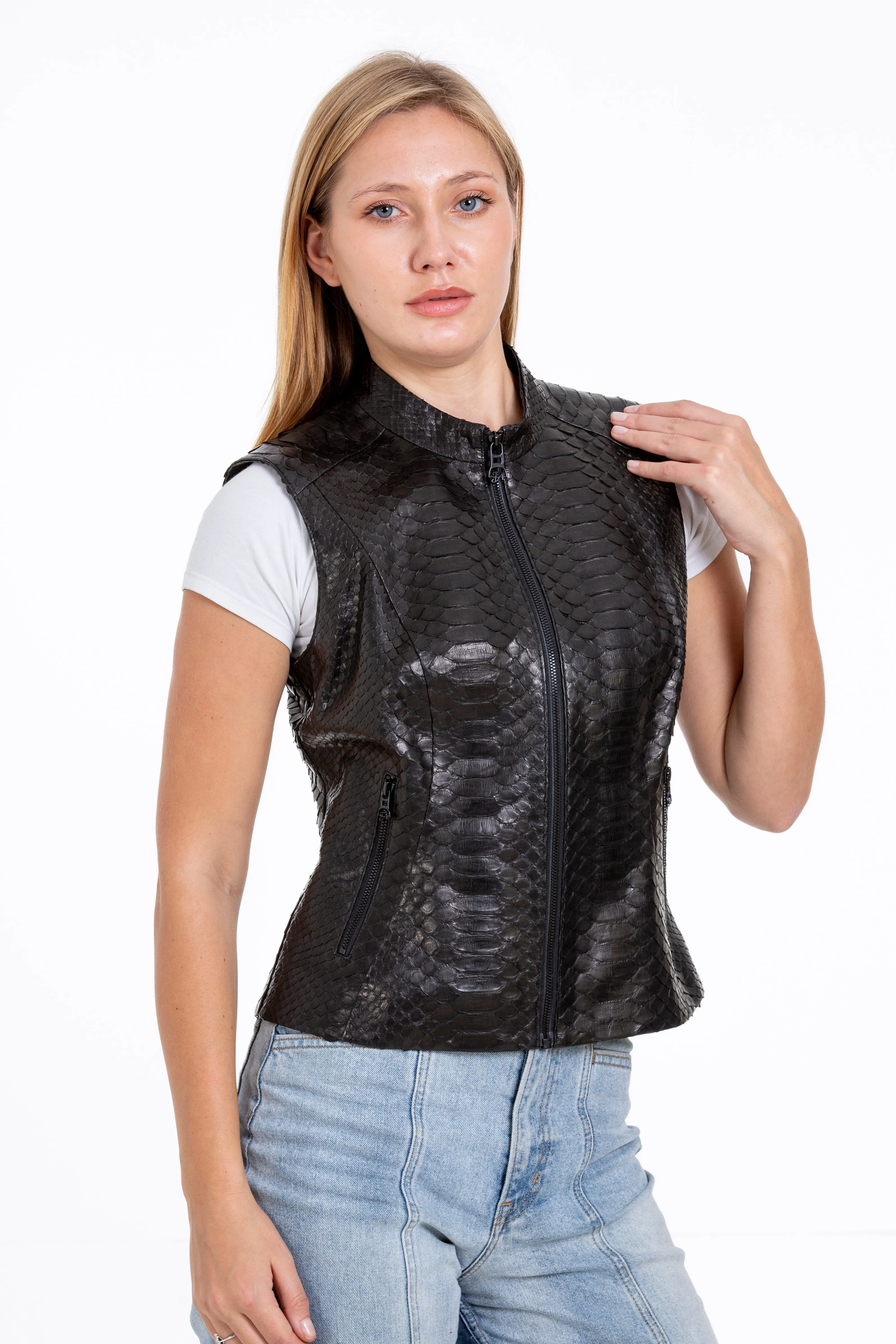 The Strasbourg Pythn Skin Leather Black Zip-Up Vest Women Jacket sold by Lord & Taylor product image thumbnail 4