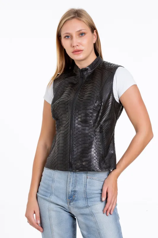 The Strasbourg Pythn Skin Leather Black Zip-Up Vest Women Jacket sold by Lord & Taylor