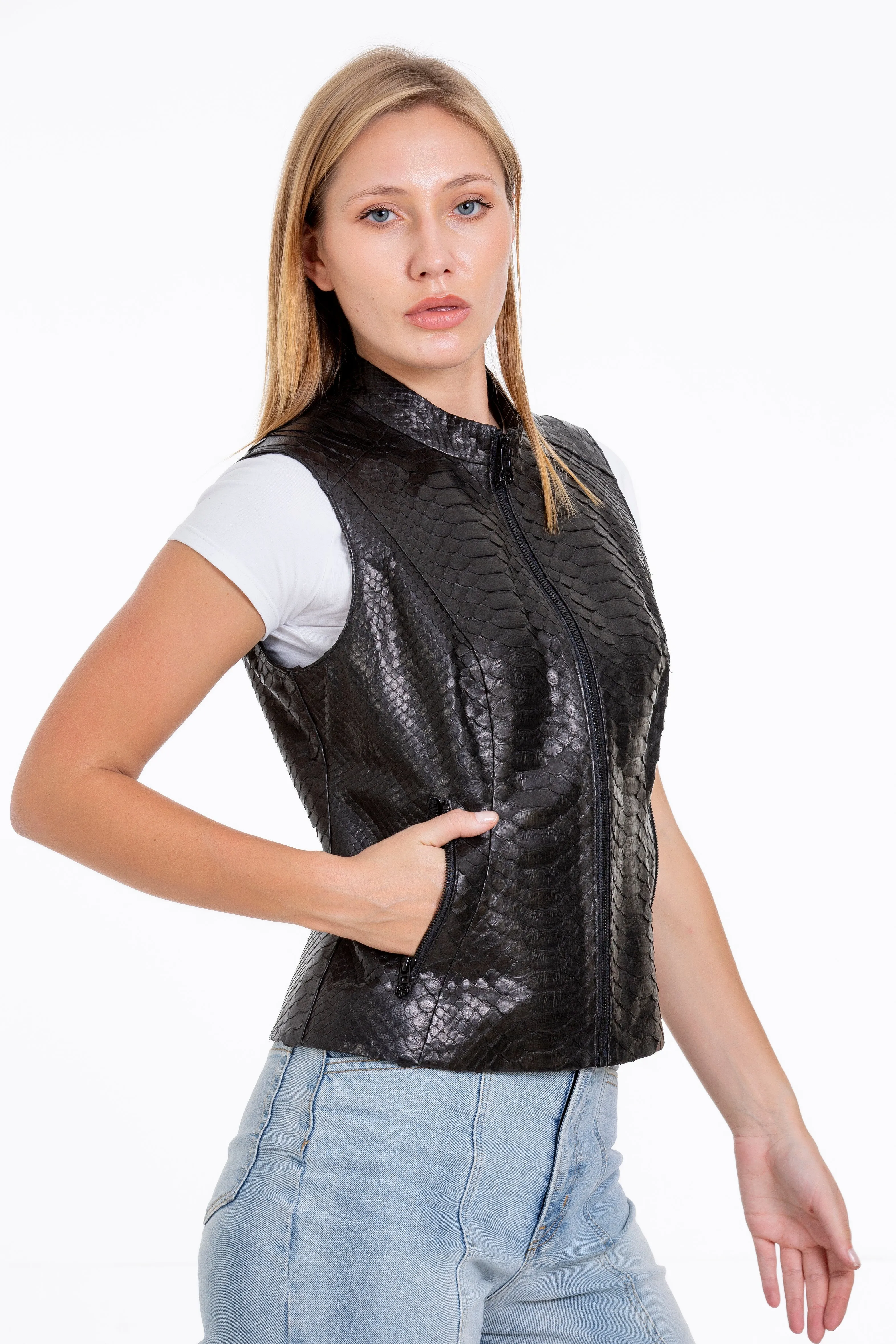 The Strasbourg Pythn Skin Leather Black Zip-Up Vest Women Jacket sold by Lord & Taylor product image thumbnail 5