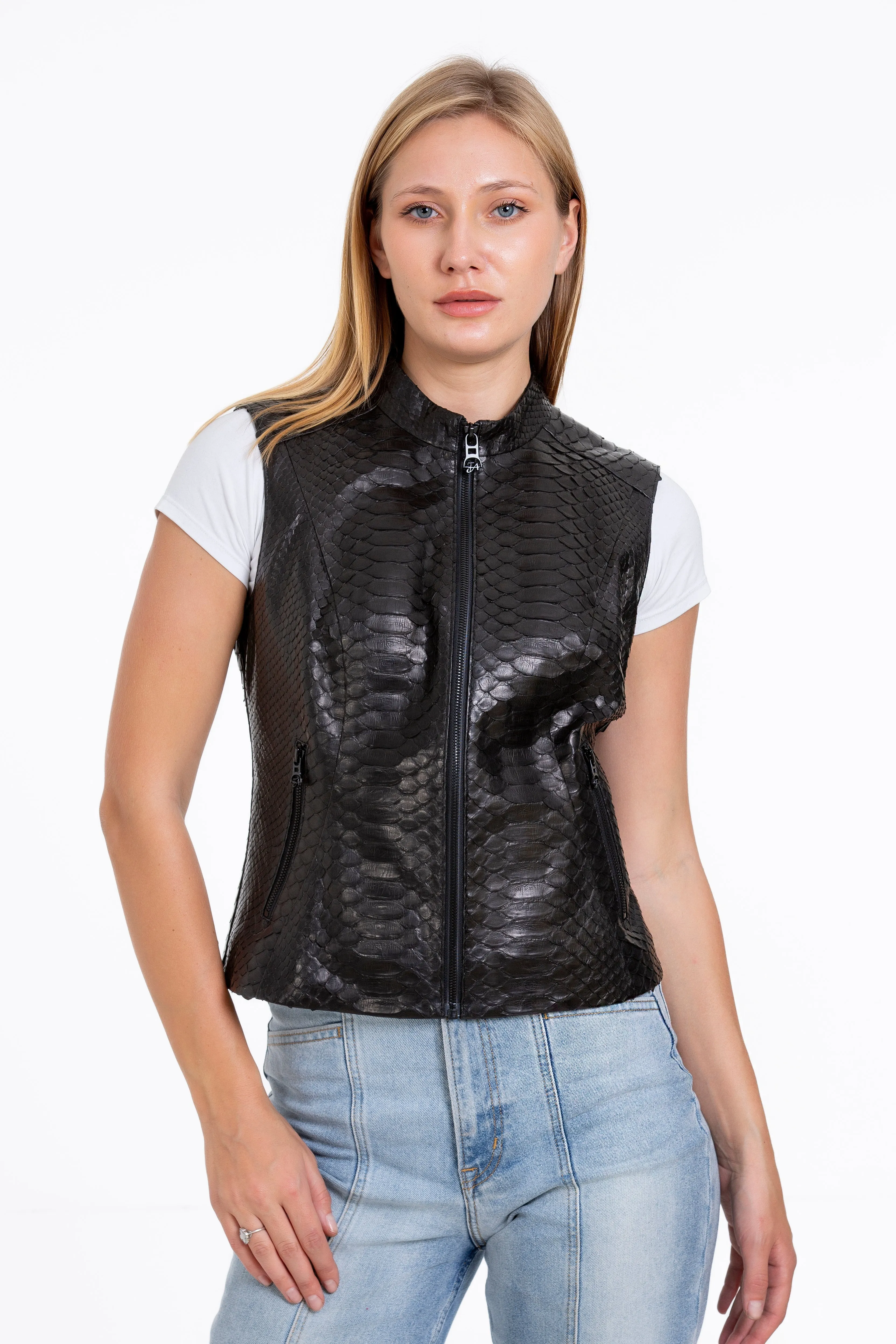 The Strasbourg Pythn Skin Leather Black Zip-Up Vest Women Jacket sold by Lord & Taylor product image thumbnail 2