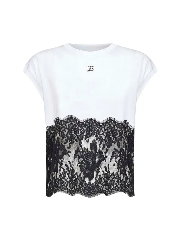 White Jersey T-Shirt with Lace Detail sold by Lord & Taylor