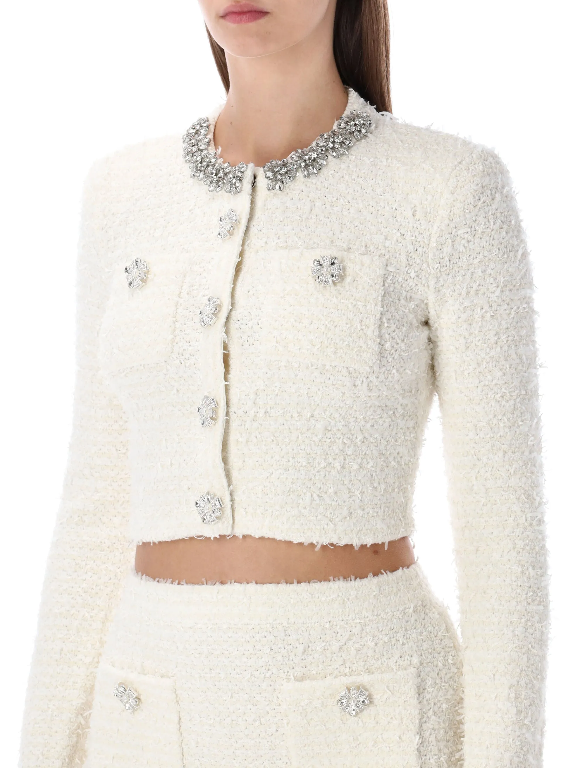 SELF-PORTRAIT CREAM BOUCLÉ KNIT CROPPED CARDIGAN WITH CRYSTAL BUTTONS sold by Lord & Taylor product image thumbnail 3