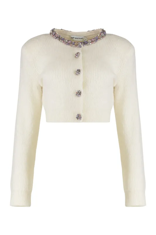 SELF-PORTRAIT IVORY ALPACA CROPPED CARDIGAN WITH CRYSTAL TRIMS sold by Lord & Taylor