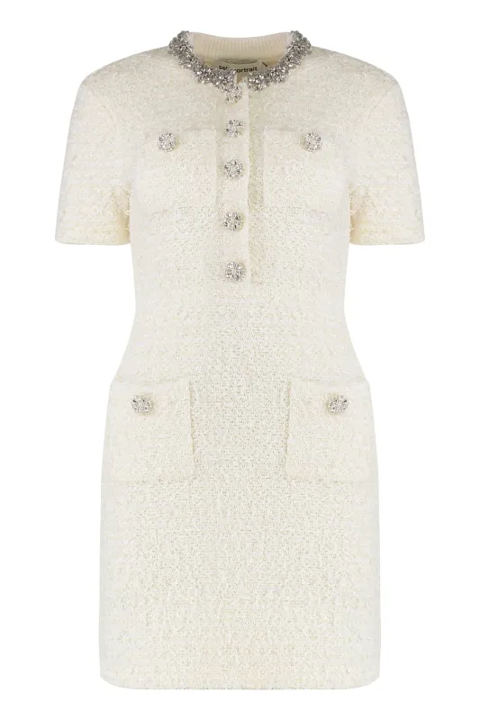 SELF-PORTRAIT CREAM BOUCLÉ KNIT MINI DRESS WITH CRYSTAL BUTTONS sold by Lord & Taylor