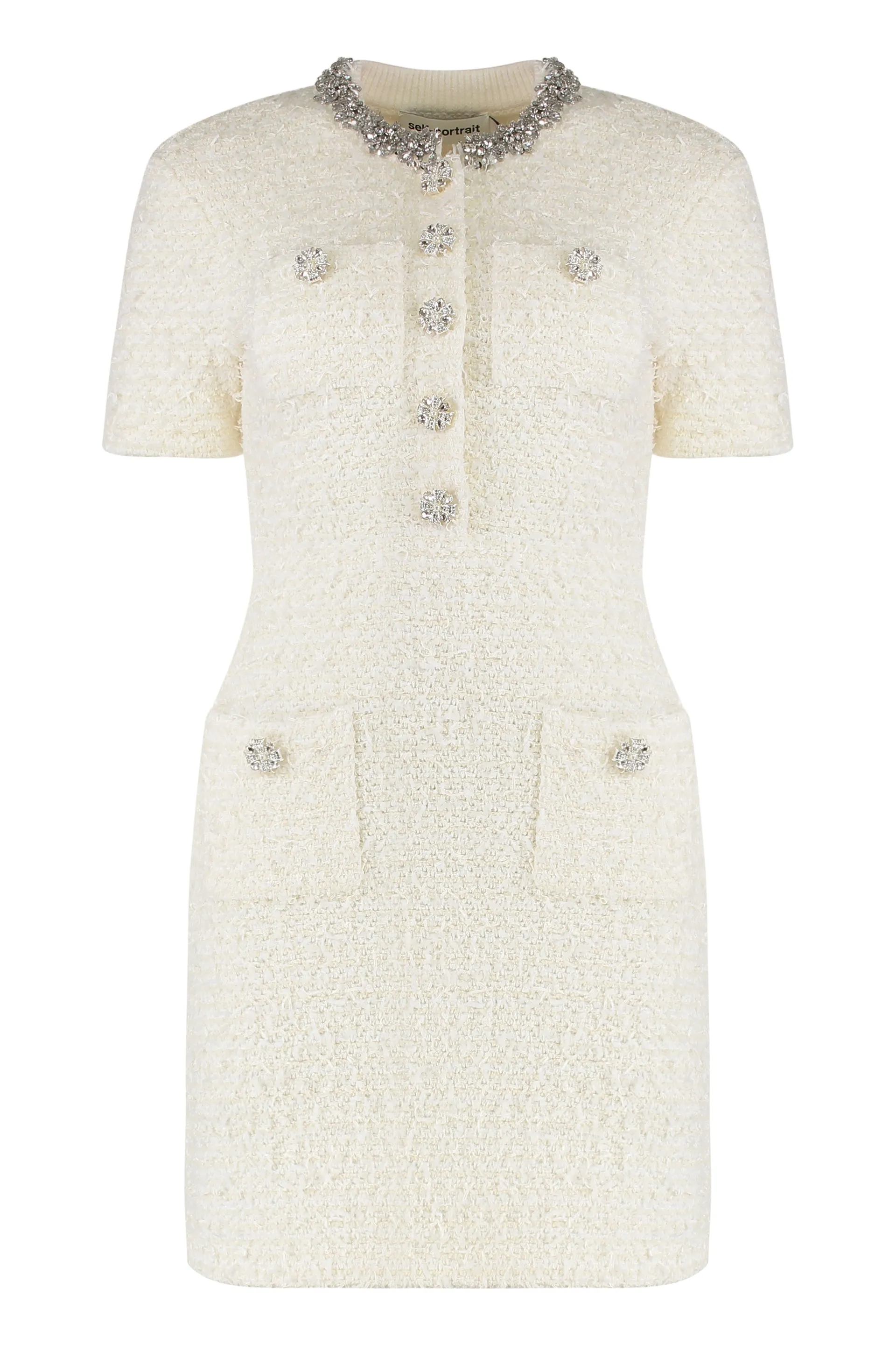 SELF-PORTRAIT CREAM BOUCLÉ KNIT MINI DRESS WITH CRYSTAL BUTTONS sold by Lord & Taylor