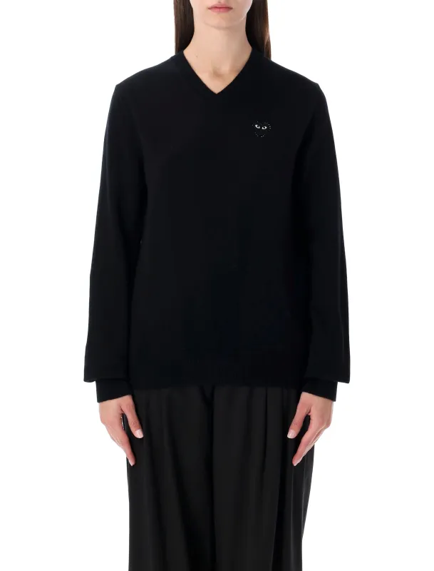 COMME DES GARÇONS PLAY WOOL V-NECK SWEATER WITH BLACK HEART AND CRYSTALS made by Comme des Garcons PLAY