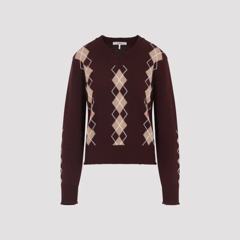 CHLOÉ BURGUNDY WOOL CASHMERE ARGYLE KNIT SWEATER sold by Lord & Taylor