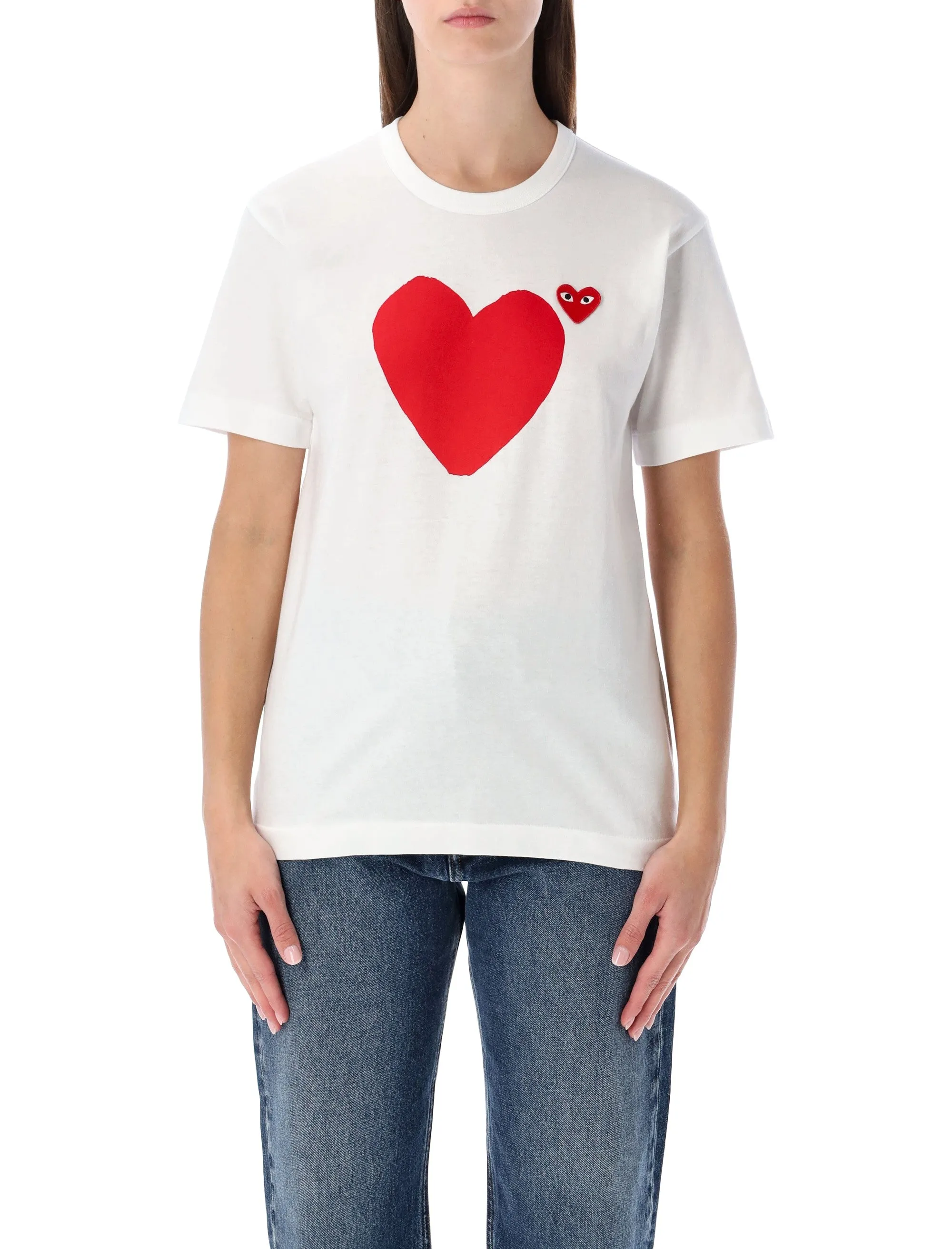 COMME DES GARÇONS PLAY WHITE COTTON T-SHIRT WITH DOUBLE HEART sold by Lord & Taylor