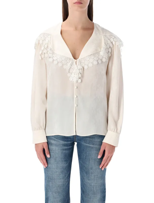 CHLOÉ FLORAL LACE-TRIM JACQUARD SILK BLOUSE sold by Lord & Taylor