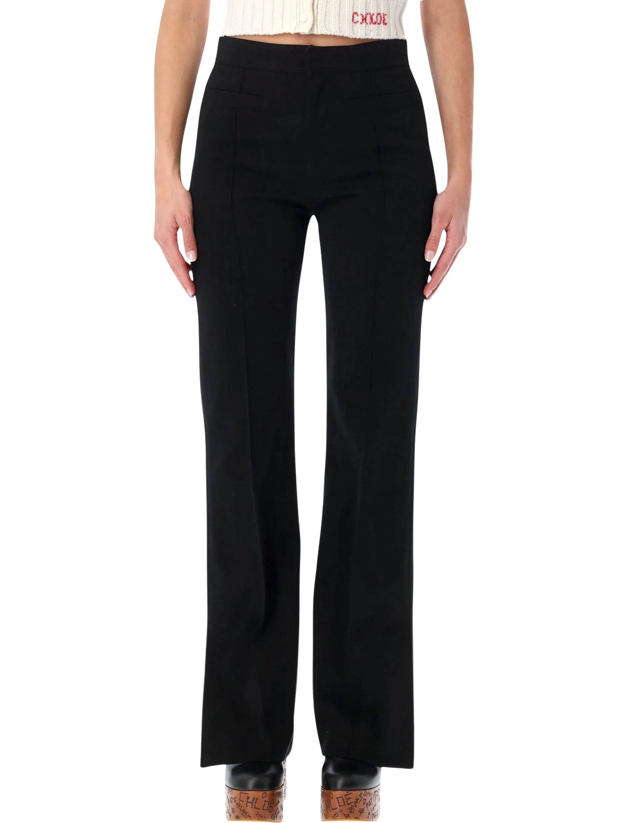 CHLOÉ BLACK HERRINGBONE COTTON TAILORED TROUSERS sold by Lord & Taylor