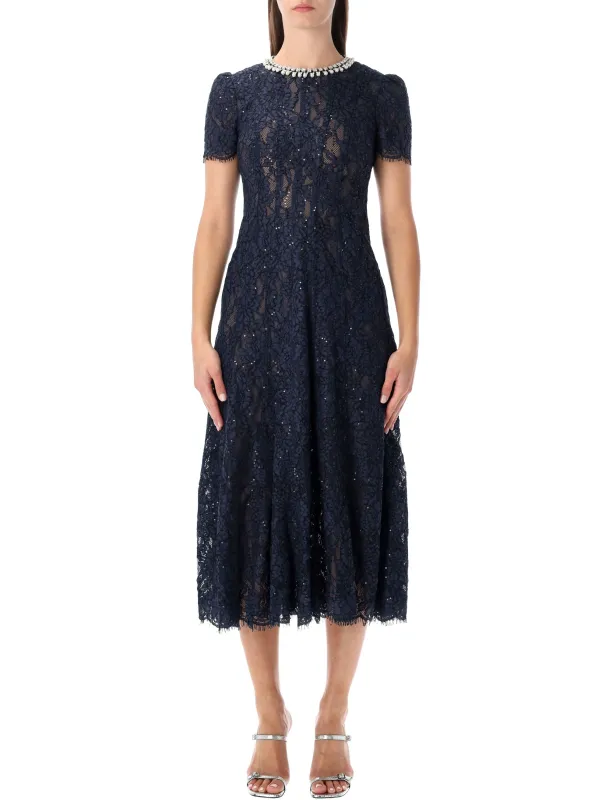 SELF-PORTRAIT NAVY LACE MIDI DRESS WITH PEARL AND CRYSTAL EMBELLISHED COLLAR sold by Lord & Taylor
