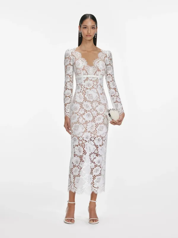 SELF-PORTRAIT WHITE FLORAL LACE MIDI DRESS WITH SATIN BOW sold by Lord & Taylor