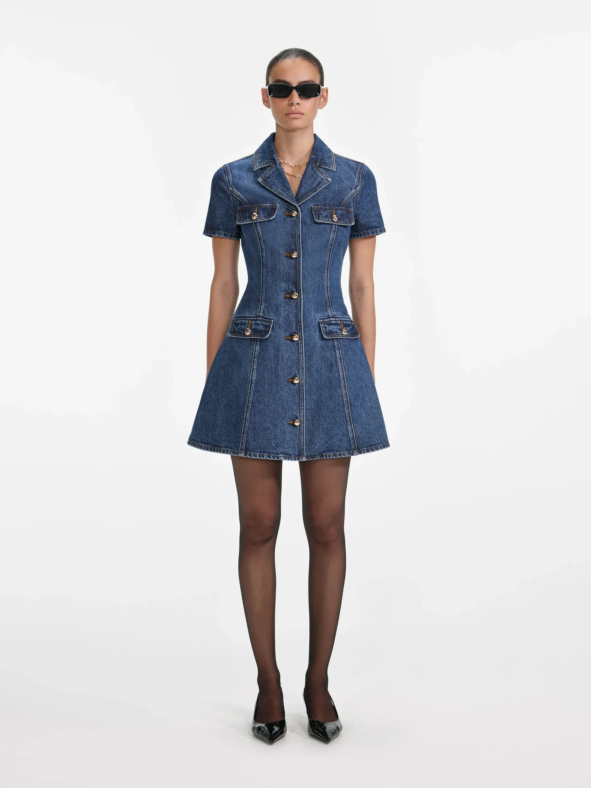 SELF-PORTRAIT BLUE DENIM MINI DRESS WITH GOLD BUTTONS sold by Lord & Taylor