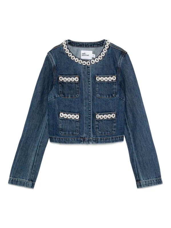 SELF-PORTRAIT CROPPED DENIM JACKET WITH CRYSTAL CHAIN TRIMS sold by Lord & Taylor
