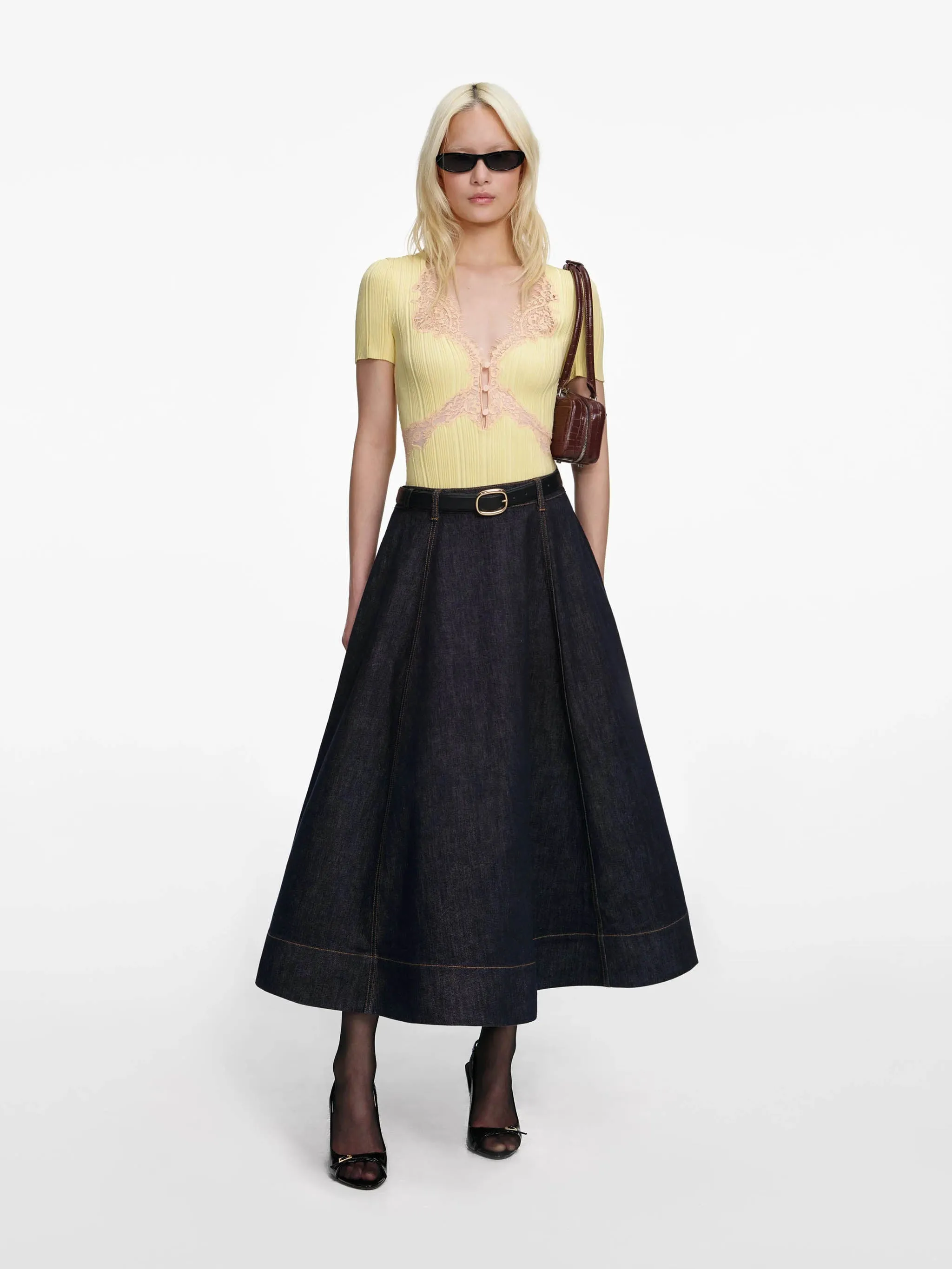 DENIM FLARED MIDI SKIRT sold by Lord & Taylor