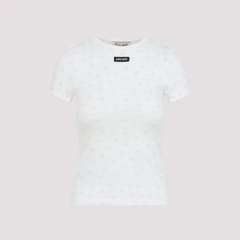 WHITE AND LIGHT BLUE COTTON T-SHIRT made by Miu Miu