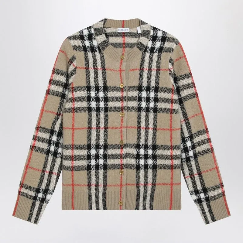BEIGE CHECK CASHMERE AND WOOL CARDIGAN made by Burberry