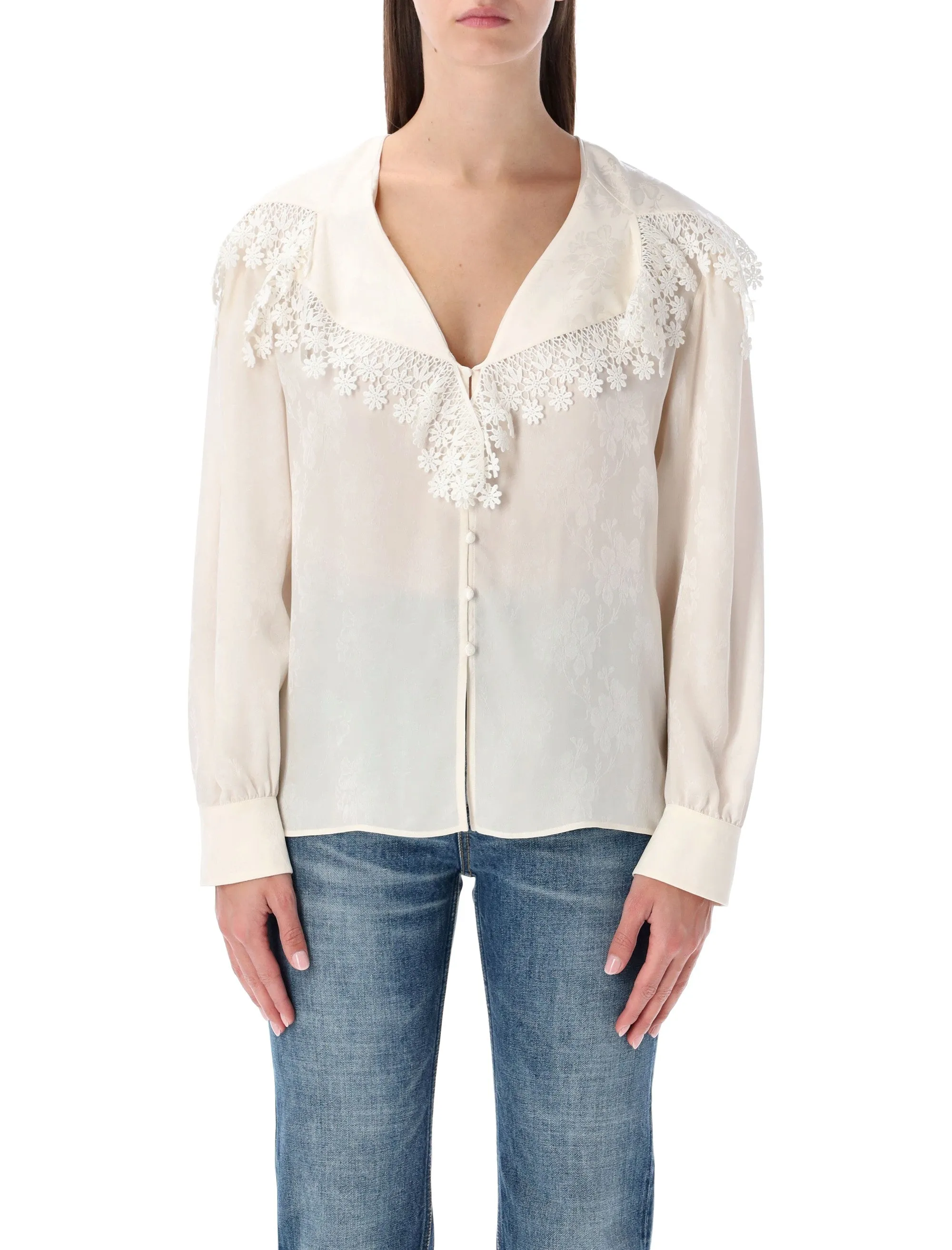 JACQUARD AND LACE BLOUSE WITH OVERSIZED COLLAR sold by Lord & Taylor
