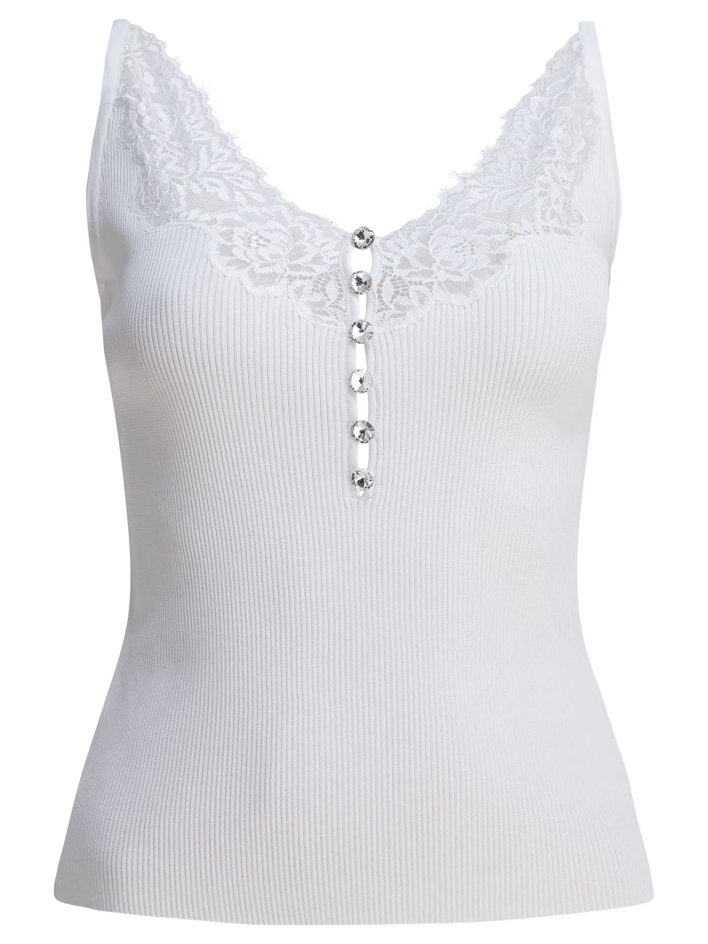 Ribbed tank top with lace neckline sold by Lord & Taylor