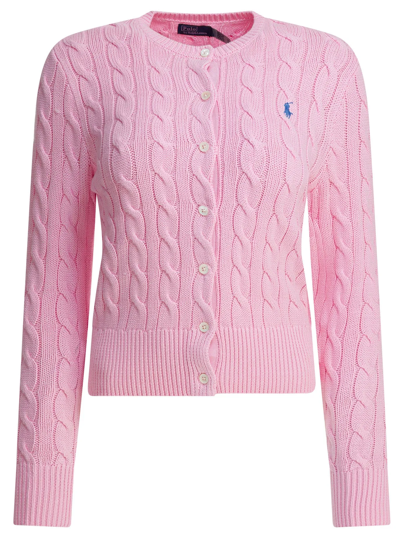 Braided crewneck cardigan with logo sold by Lord & Taylor