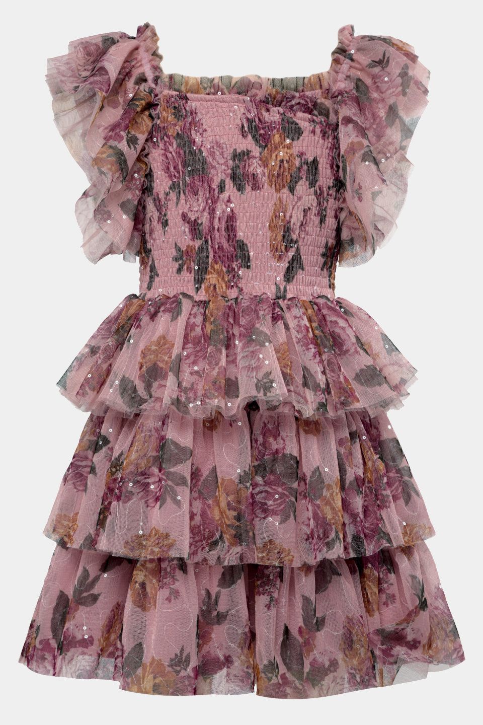 Girls Smocked Bodice Ruffle Sleeve 3-Tier Mesh Dress sold by Lord & Taylor