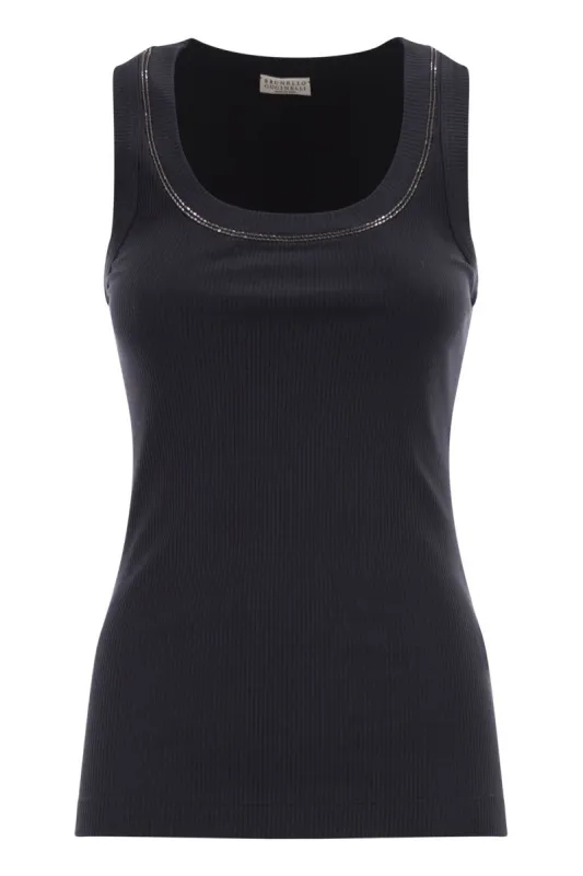 SLEEVELESS RIBBED TOP IN STRETCH COTTON WITH JEWELLED TRIM sold by Lord & Taylor