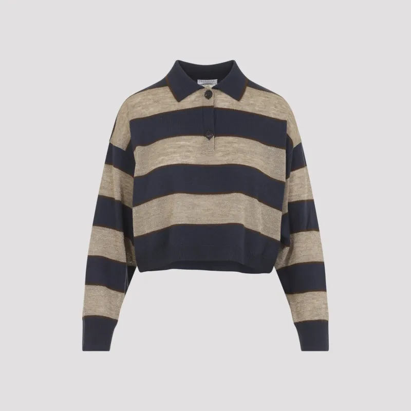 SPARKLING STRIPES CROPPED POLO SHIRT IN VIRGIN WOOL, CASHMERE AND LINEN KNIT made by Brunello Cucinelli